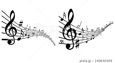 Musical notes flowing on staff lines with clefs and sharps Musical notes flowing on staff lines with clefs and sharps 140630309