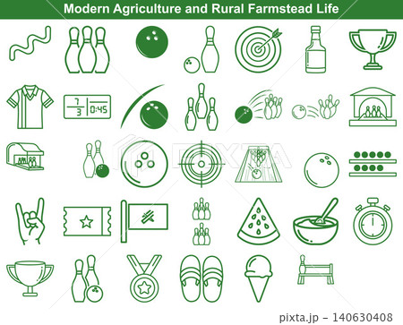 Set of minimalist green line icons representing bowling, sports activities, leisure, and summer fun Set of minimalist green line icons representing bowling, sports activities, leisure, and summer fun 140630408