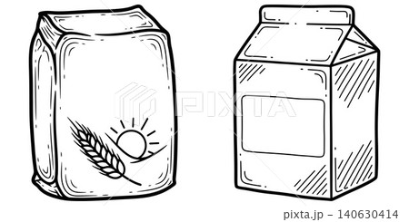 Simple line art illustration of a classic flour bag and a milk carton for baking and cooking concepts 140630414