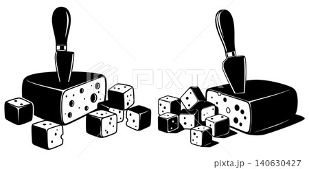 Stylized black and white cheese wedge with cubes and knife 140630427