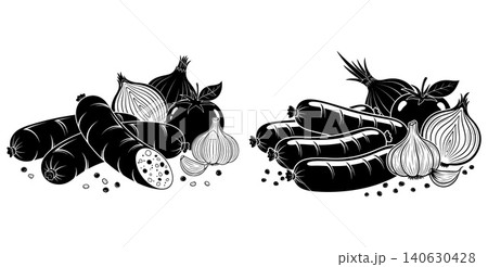 Stylized black and white illustration of sausages with tomatoes onions and garlic Stylized black and white illustration of sausages with tomatoes onions and garlic 140630428