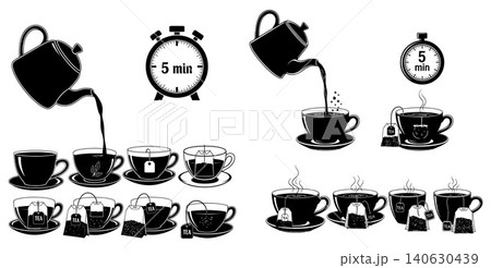 Tea brewing process illustration with steeping times and steaming cups Tea brewing process illustration with steeping times and steaming cups 140630439
