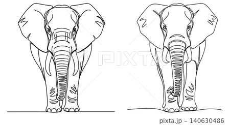 Two elephants depicted in a minimalist continuous line drawing art style Two elephants depicted in a minimalist continuous line drawing art style 140630486
