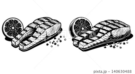 Two grilled salmon steaks with lemon slices and peppercorns Two grilled salmon steaks with lemon slices and peppercorns 140630488