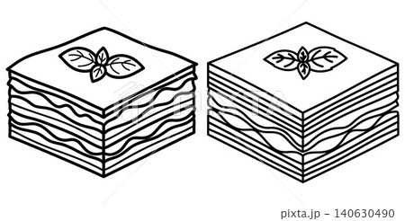 Two isometric lasagna slices topped with basil leaves, line art 140630490