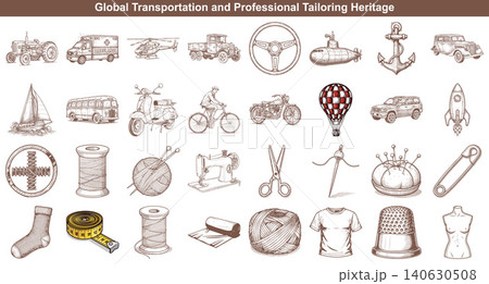 Vintage hand drawn vector collection of transportation vehicles and tailoring accessories for textile crafts 140630508