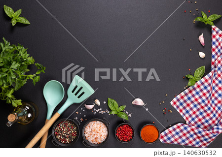 Cooking ingredients and utensils creating a kitchen food border Cooking ingredients and utensils creating a kitchen food border 140630532