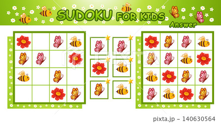 Sudoku crossword children education puzzle game. Find missing butterfly, honey bee flying, garden flower plant. Complete grid with honeybee, moth animal picture. Kid logical learning worksheet. Vector Sudoku crossword children education puzzle game. Find missing butterfly, honey bee flying, garden flower plant. Complete grid with honeybee, moth animal picture. Kid logical learning worksheet. Vector 140630564