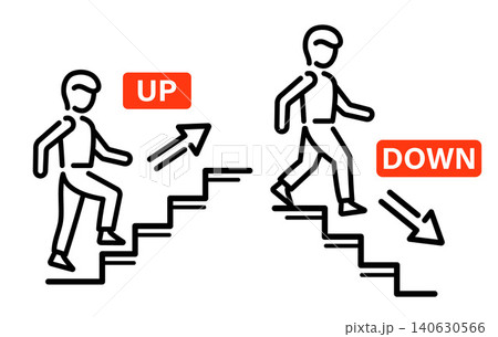 Stairs, person climbing up, walking down staircase. Human moving upstairs, downstairs floor levels. Man lifting by escalator steps. Public building entrance, exit direction arrow warning sign. Vector 140630566