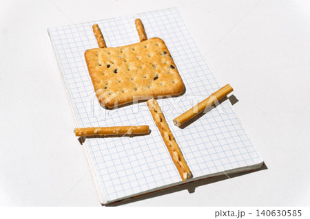 Square cracker and pretzel sticks arranged as a person on a notebook 140630585