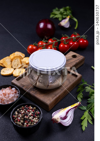 Pickled herring in a jar with various ingredients 140630737