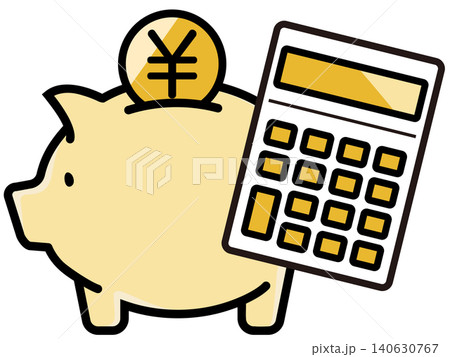 かわいい豚の貯金箱と円のコイン 140630767