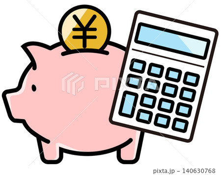 かわいい豚の貯金箱と円のコイン 140630768