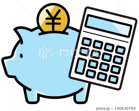 かわいい豚の貯金箱と円のコイン 140630769