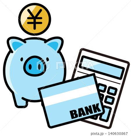 かわいい豚の貯金箱と円のコイン 140630867