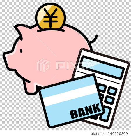 可愛的小豬存錢筒和日圓硬幣 140630869