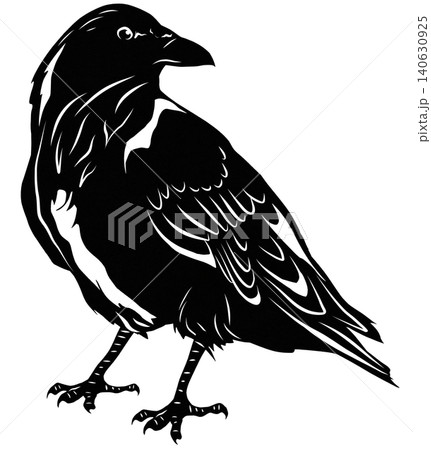 カラスの歩く切り絵風イラスト 和風デザインの黒いシルエット素材 140630925
