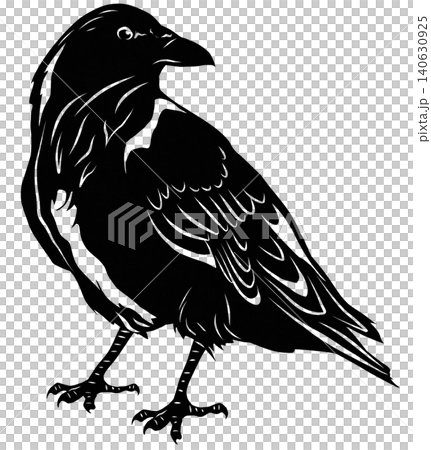 カラスの歩く切り絵風イラスト 和風デザインの黒いシルエット素材 140630925