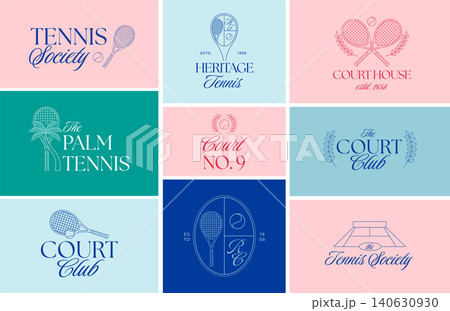 Vintage tennis club logo collection with tennis rackets, balls, palm tree, laurel branches and 140630930