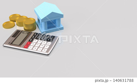 Blue Bank Building With Calculator And Gold Coins Concept 3d render. Blue Bank Building With Calculator And Gold Coins Concept 3d render. 140631788