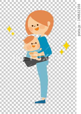 ヒップシートで赤ちゃんを抱っこする母親のイラスト素材 ヒップシートで赤ちゃんを抱っこする母親のイラスト素材 140632108