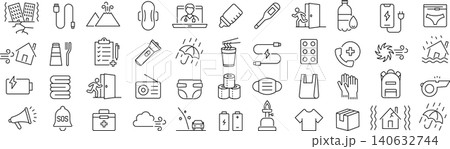 ベクターでモノクロの災害用品に関する線画アイコンセット ベクターでモノクロの災害用品に関する線画アイコンセット 140632744