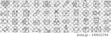 A set of monochrome vector line art icons related to disaster relief supplies. A set of monochrome vector line art icons related to disaster relief supplies. 140632744
