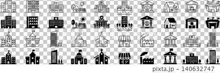 A set of vector line drawings and silhouette icons related to monochrome buildings. A set of vector line drawings and silhouette icons related to monochrome buildings. 140632747
