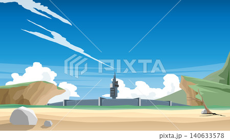 Fantasy vector landscape showing a dark central tower fortress structure framed by rocky cliffs and sandy shores. A vibrant blue sky with sharp wispy clouds hangs over the horizon line. Fantasy vector landscape showing a dark central tower fortress structure framed by rocky cliffs and sandy shores. A vibrant blue sky with sharp wispy clouds hangs over the horizon line. 140633578