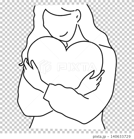 A woman gently embracing a large heart: A line drawing representing self-love and compassion. A woman gently embracing a large heart: A line drawing representing self-love and compassion. 140633729