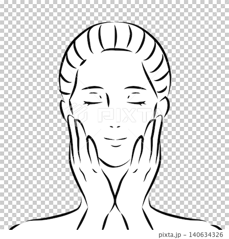 A woman with both hands on her cheeks and her eyes closed (Beauty, skincare) - Line drawing illustration 140634326