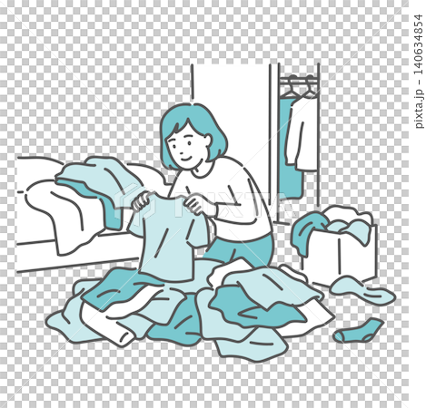 散らかった部屋で服を片付ける笑顔の女性のイラスト 140634854