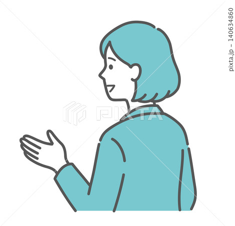笑顔で手振りを交えて話す女性のイラスト(斜め後ろ姿) 笑顔で手振りを交えて話す女性のイラスト(斜め後ろ姿) 140634860