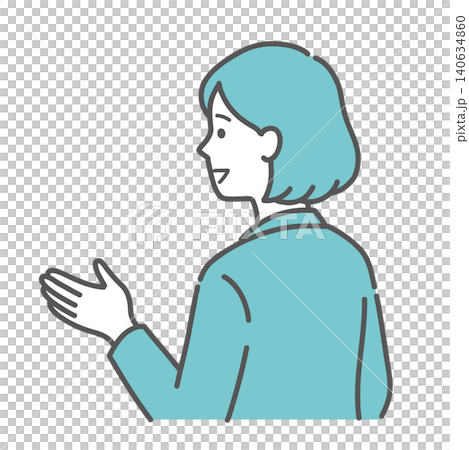 笑顔で手振りを交えて話す女性のイラスト(斜め後ろ姿) 笑顔で手振りを交えて話す女性のイラスト(斜め後ろ姿) 140634860