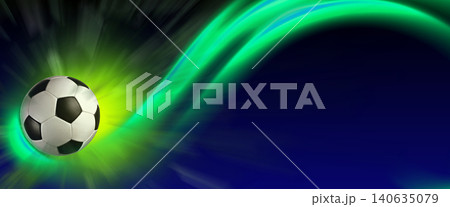 Football spinning with dynamic green and blue abstract light trails, creating an energetic background for championship events, sports, and team victories 140635079