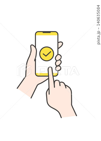 スマートフォンの画面にチェックマークが表示され決済が完了したイラスト(黄色・キャッシュレス・操作素材 スマートフォンの画面にチェックマークが表示され決済が完了したイラスト(黄色・キャッシュレス・操作素材 140635084