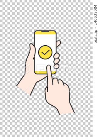 スマートフォンの画面にチェックマークが表示され決済が完了したイラスト(黄色・キャッシュレス・操作素材 スマートフォンの画面にチェックマークが表示され決済が完了したイラスト(黄色・キャッシュレス・操作素材 140635084