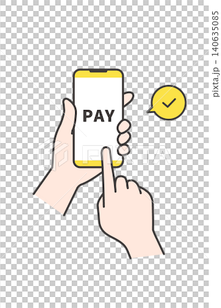 Illustration of cashless payment by tapping the "PAY" button on a smartphone (yellow, hand, operation material) Illustration of cashless payment by tapping the "PAY" button on a smartphone (yellow, hand, operation material) 140635085