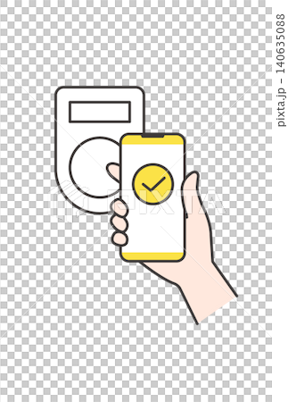 An illustration showing a smartphone screen being touched to a dedicated terminal to complete a payment (yellow, cashless, contactless material). An illustration showing a smartphone screen being touched to a dedicated terminal to complete a payment (yellow, cashless, contactless material). 140635088