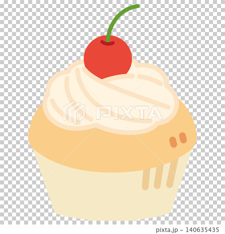 An illustration of a cupcake topped with whipped cream and a cherry. 140635435