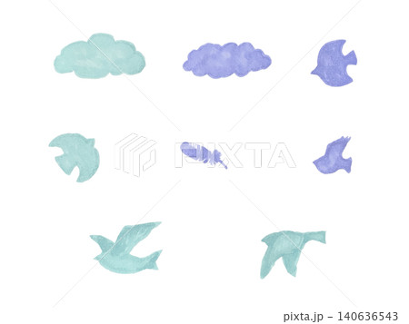淡い寒色の水彩風の鳥と雲のシルエットイラストセット 140636543