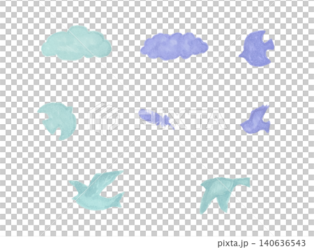 A set of watercolor-style illustrations of birds and cloud silhouettes in soft, cool colors. 140636543