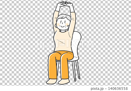 A stretch where you sit in a chair and stretch both arms upwards. 140636558