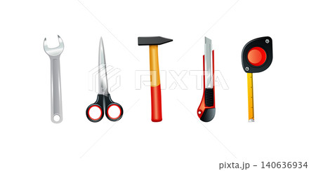 Set of 3d construction tools including hammer, measurement tape, saw, drill etc 140636934