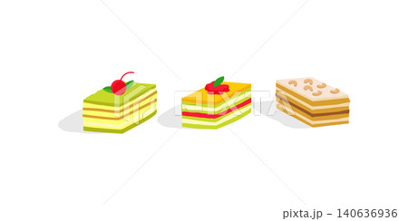 Set of Colorful sweet cakes slices realistic illustration Set of Colorful sweet cakes slices realistic illustration 140636936