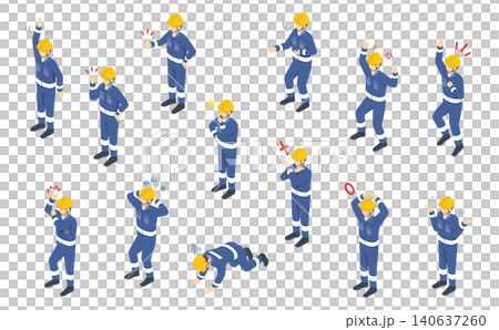 アイソメトリックイラスト:いろんな感情表現の作業員(青い作業着) アイソメトリックイラスト:いろんな感情表現の作業員(青い作業着) 140637260
