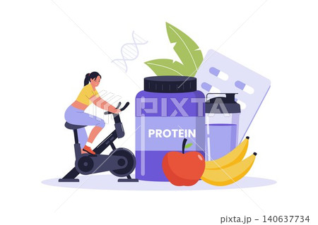 Illustration of Woman Cycling on Stationary Bike with Protein Jar Illustration of Woman Cycling on Stationary Bike with Protein Jar 140637734