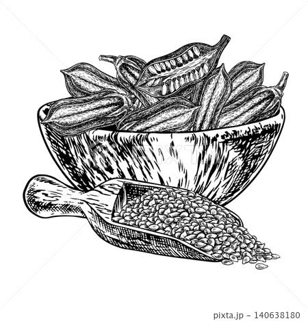 Sesame pods in a wooden bowl and seeds in a scoop. Black and white vector graphics. Hand-drawn illustrations. Perfect for labels, product packaging, posters, menus, and more. 140638180