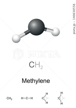 Methylene, carbene, CH2, chemical formula, molecular structure, and ball-and-stick model. Also called methylidene, or methene, an organic compound and simplest carbene. Isolated illustration. Vector Methylene, carbene, CH2, chemical formula, molecular structure, and ball-and-stick model. Also called methylidene, or methene, an organic compound and simplest carbene. Isolated illustration. Vector 140638556
