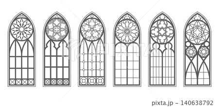 Gothic church windows. Cathedral arch frames with stained glass. Medieval vector silhouettes of antique architecture decoration. Simple outline design elements on white background 140638792